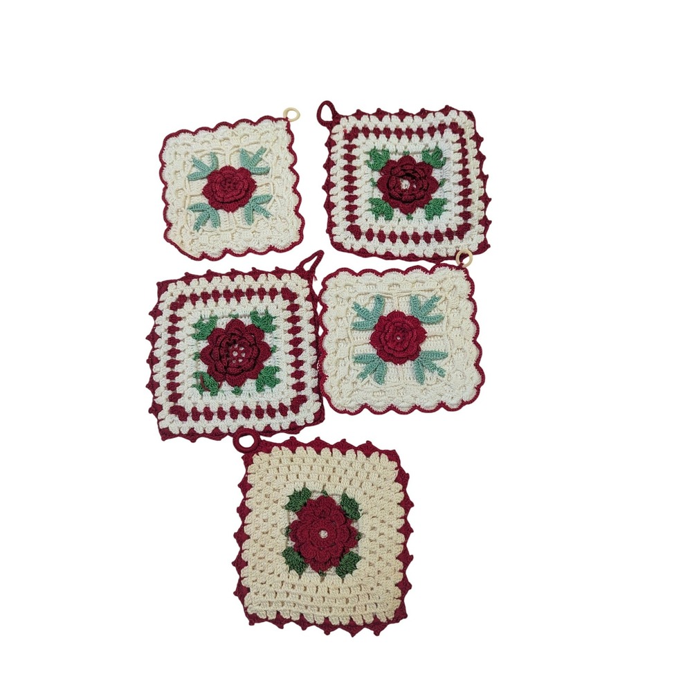 Vintage Handmade Crochet Potholders Set of 5 Floral Rose Cream Burgundy Green